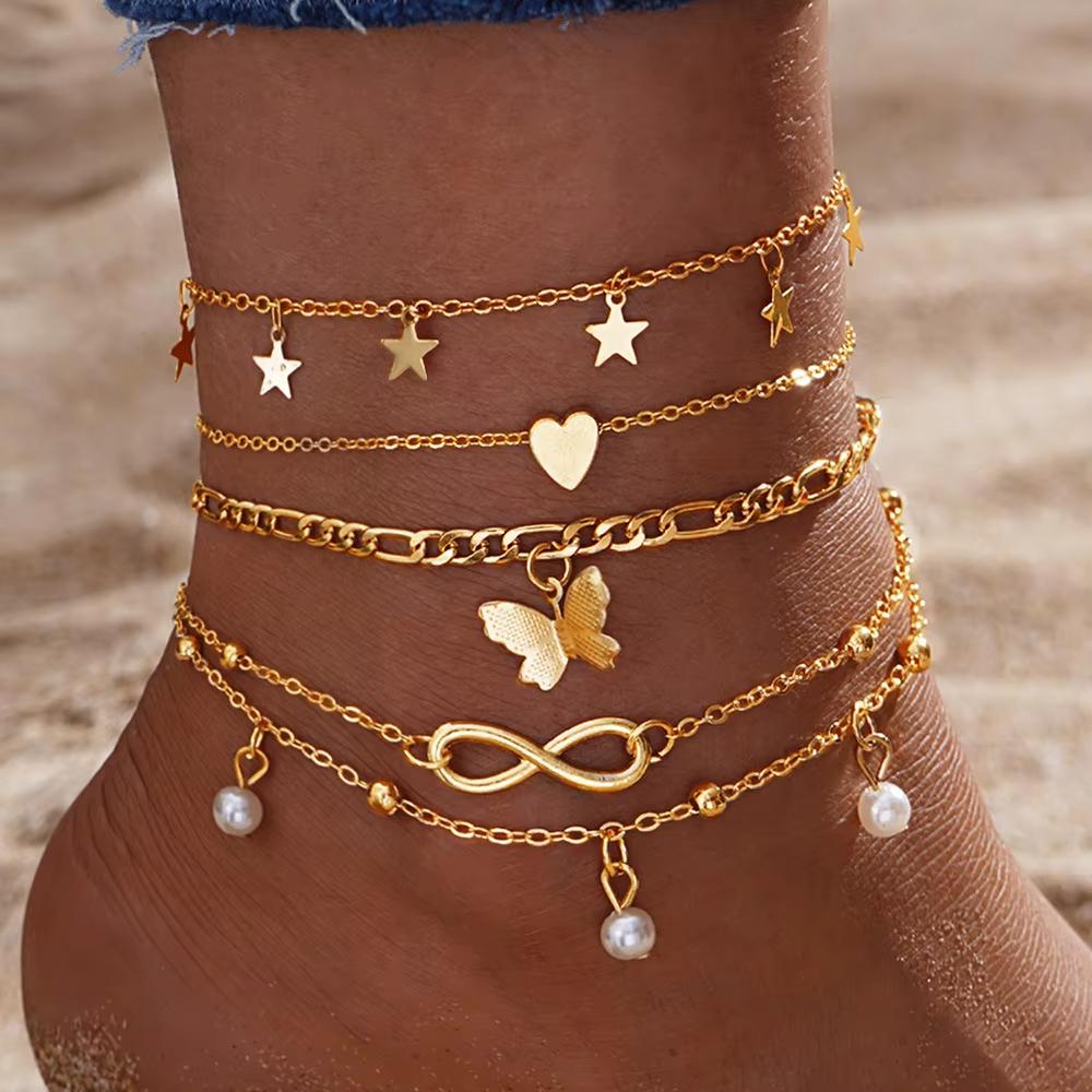 Butterfly Star Heart shaped Pendant Ankle Set Bohemian Vintage Pearl Pendant Foot Bracelet Beach Women's Zircon