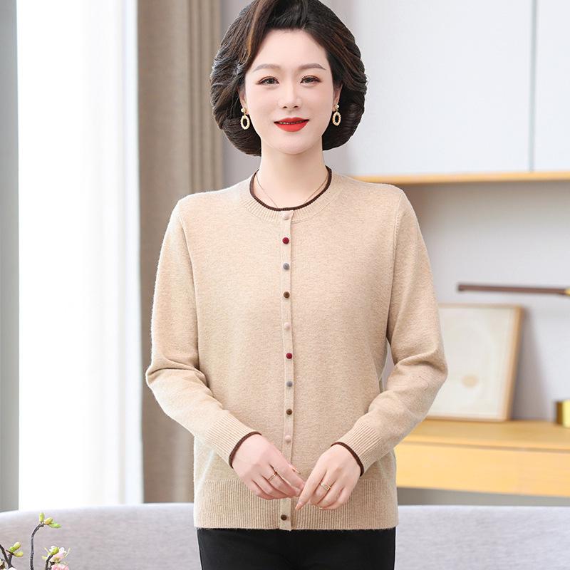 

Мамин весенний пуловер-кардиган 2025 года для женщин среднего возраста - Свободный однотонный трикотажный топ с круглым вырезом XL (105-135 jin) верблюд/бежевый