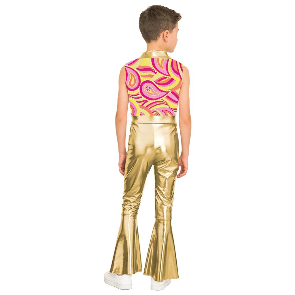 Kids Metallic Shiny Sleeveless Jumpsuit with Print Patchwork and Flared Pants for Boys Disco Halloween Party Outfit