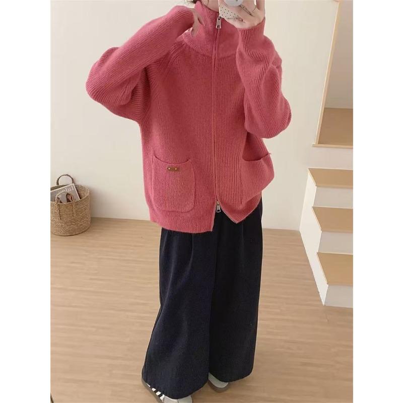 Autumn and winter lapel collar double zipper solid color double pocket casual cardigan temperament thin versatile lazy style knitted sweater
