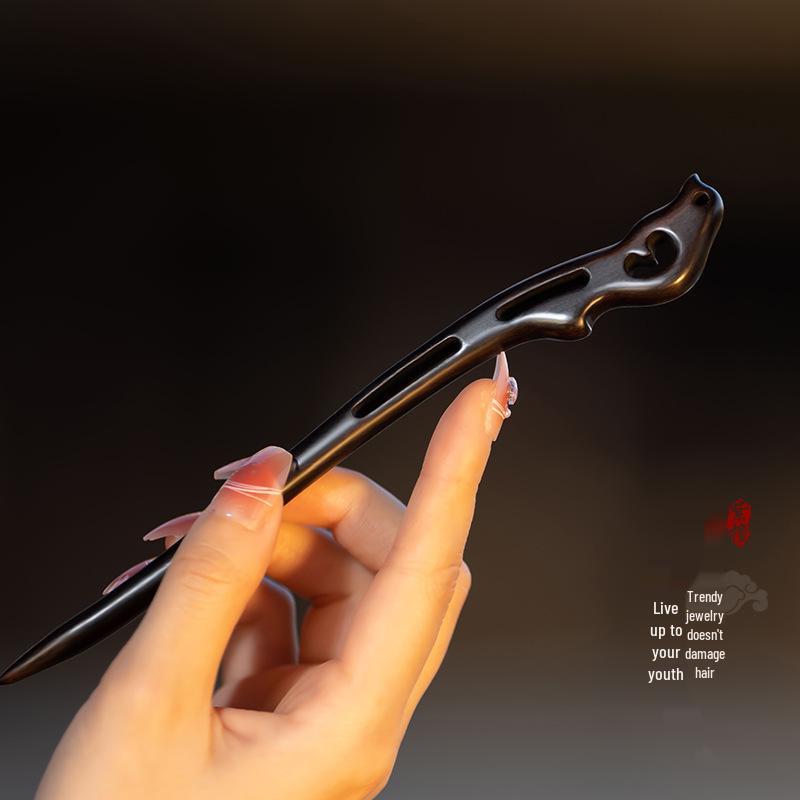 High-End Natural Ebony Wood Hairpin - Extended Chinese Ancient Style Black Hair Bun Accessory