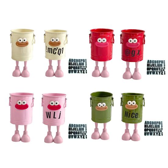 Cartoon Pen Holder Retro Bucket Shape Desk Organizer Large Capacity Storage Holder for Pens Pencils Makeup Brushes