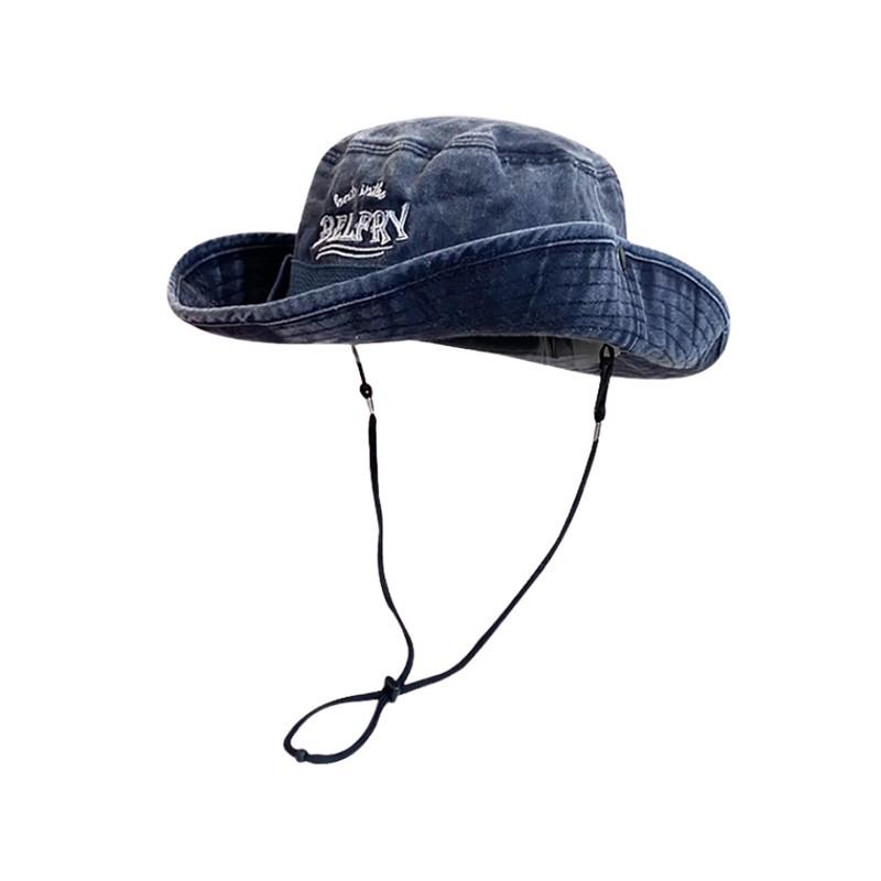

Letter Embroidery Fisherman Hat for Women Summer Washed Cotton Solid Color Cowboy Wide Brim Sunshade Cap Girl Outdoor Hiking Hat one size тёмно-синий