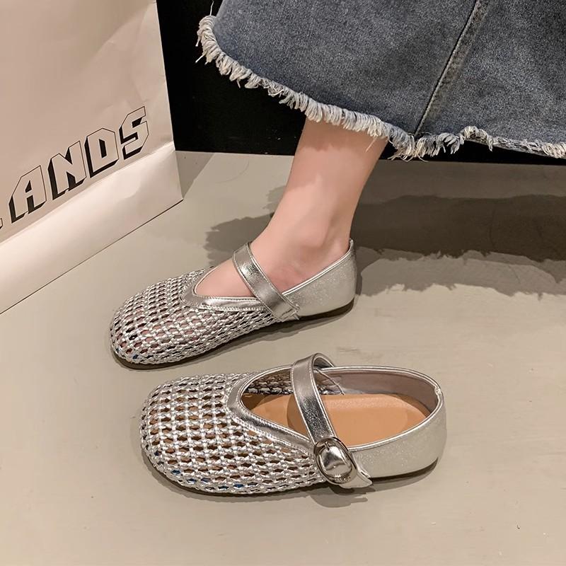 Mary Jane single shoes women's 2025 spring new flat-soled soft-soled one-word with mesh hollow woven fishing net shoes sandals