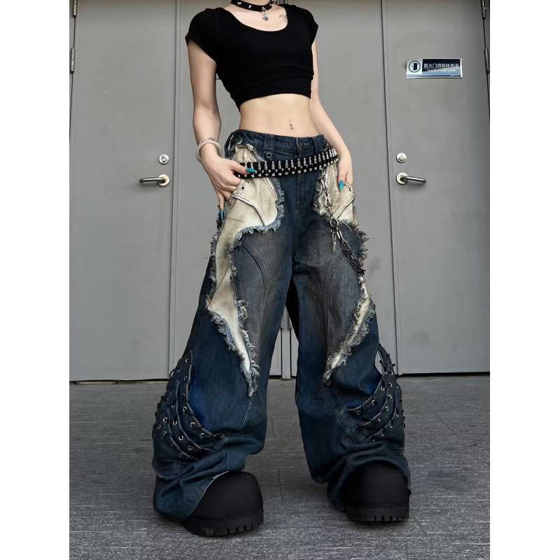 JYL Men's Wide-Leg Jeans Dune Wasteland American Heavy Washed Patch Black Denim Pants