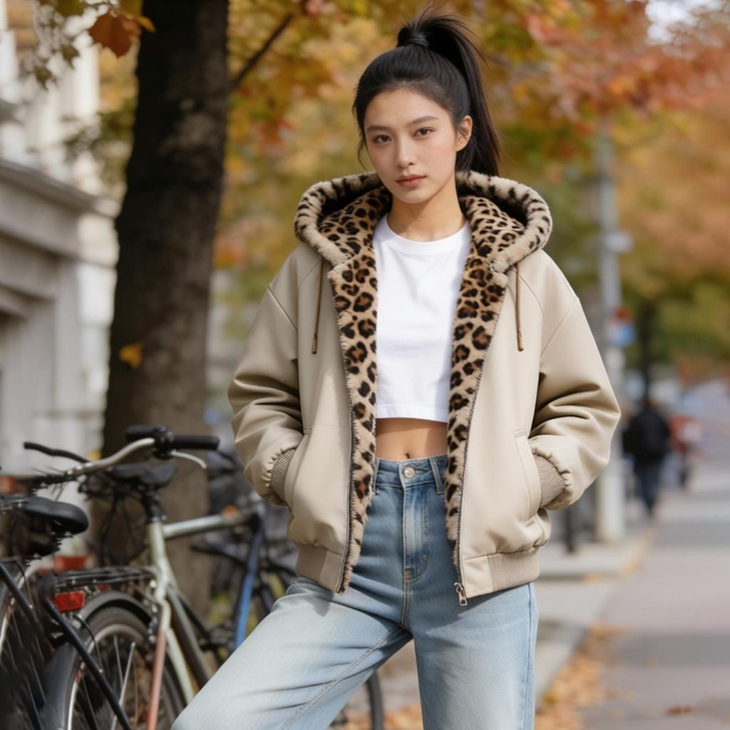 Winter Neu Damen Locker Mit Kapuze Wendbar Leopardenmuster Baumwolle Gefüttert Jacke Warmer Mode Mantel
