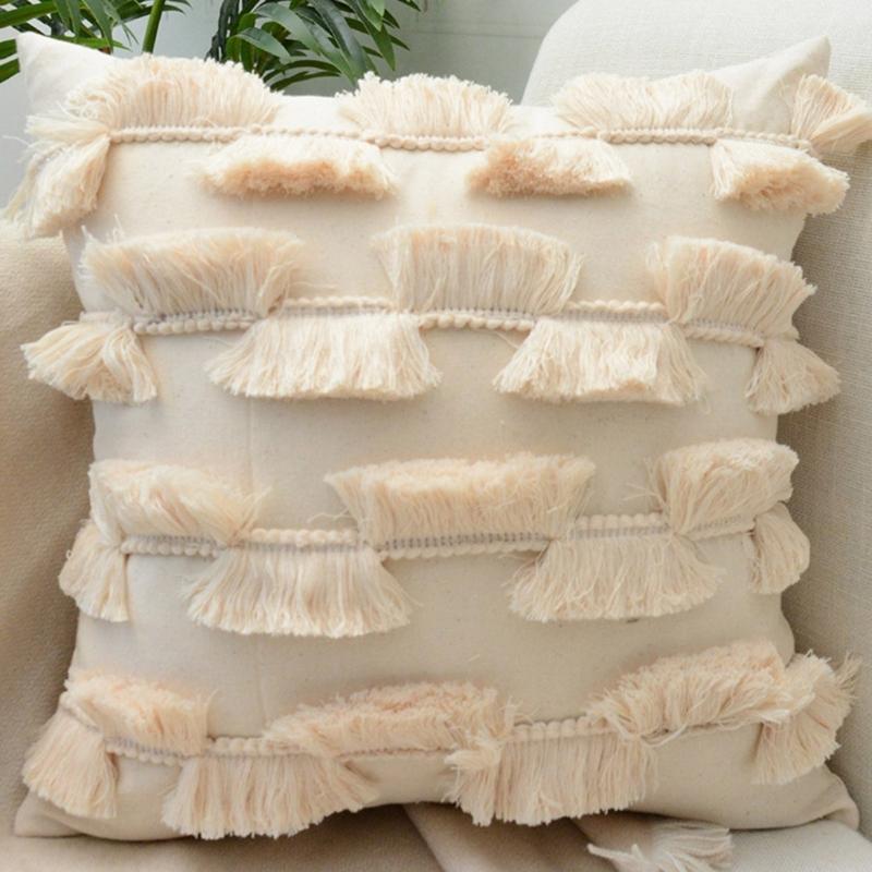 Soft Cotton-ramie Pillow Covers, European Style With Tassels Cushion Cover Shell for Sofa Bedroom Cream Beige Stylish