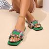 Fashion Women's Fashion Flat Slippers in Summer New Square Shallow Diamond Beaded Soft-soled Anti-slip and Wear-resistant Slippers.