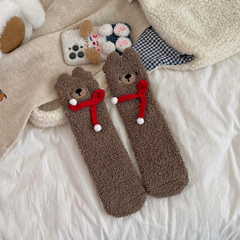 

1Pair Sleep Socks Cute Little Bear Cartoon Coral Velvet Socks Soft Polyester Fiber кавовий