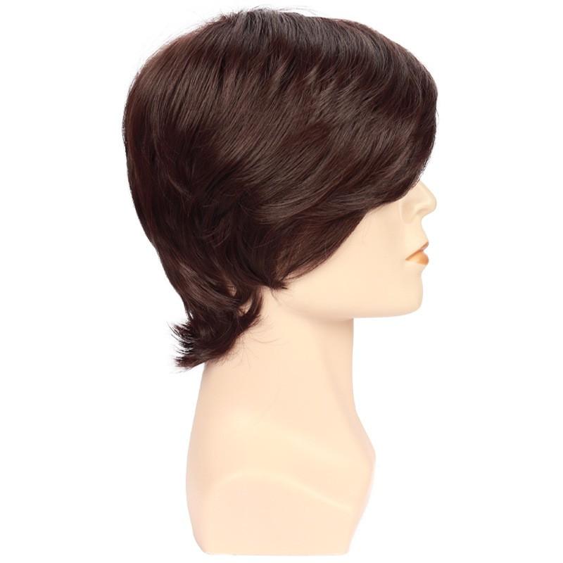 Mens Short Straight Brown Wig With Long Fluffy Bangs Synthetic Hair Daily Wear
