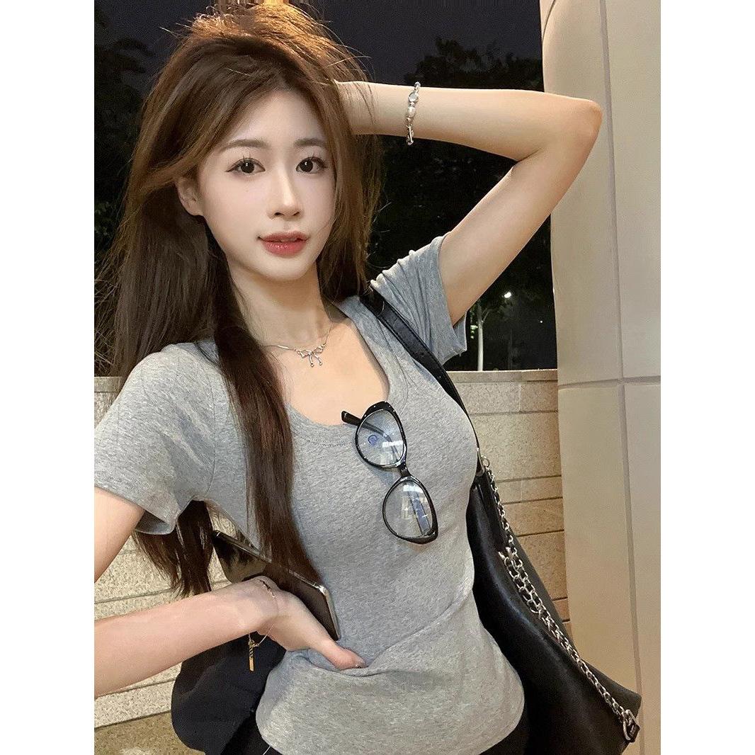 

South East Asia U-neck slim-fit short-sleeved women s summer new hot girl white slim top 2XL