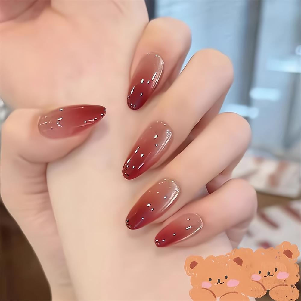 Luxury Wine Red Oval Medium Wearable Nude Gradient Aurora Nail Art Tips