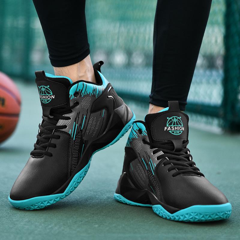 Youth outdoor leather surface medium top wear-resistant sports shoes large size four-season lace-up student basketball shoes
