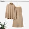 ZANZEA Damen Langarm Rollkragen Bluse und Hose Herbstpullover Zweiteilige Anzugsets
