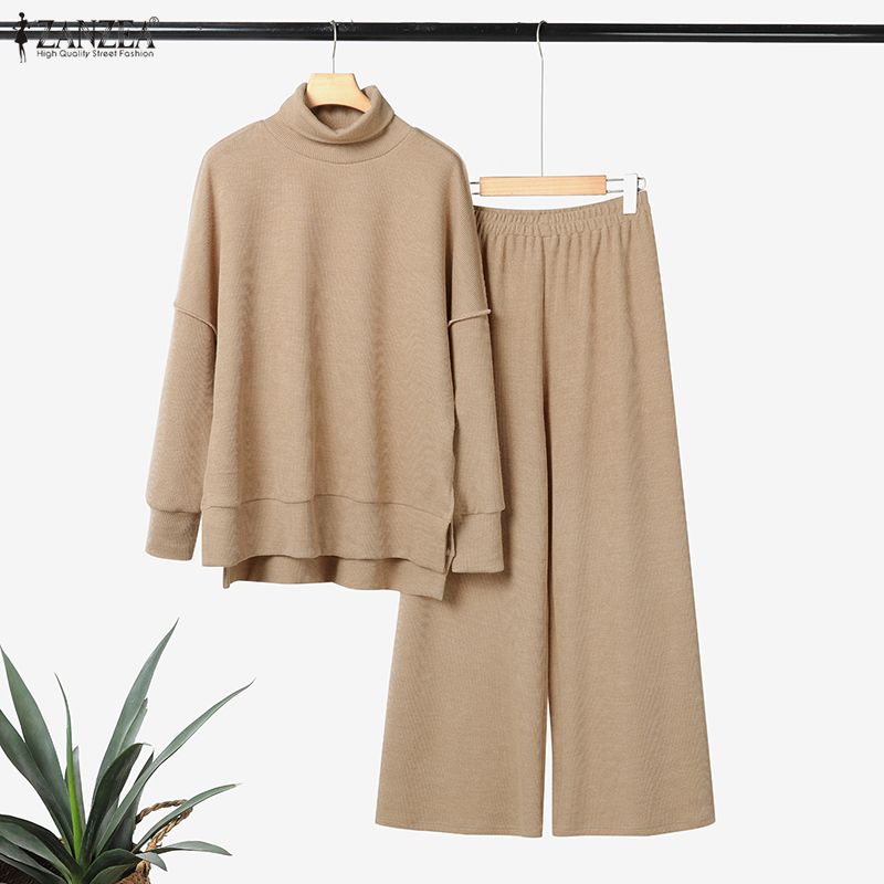 ZANZEA Damen Langarm Rollkragen Bluse und Hose Herbstpullover Zweiteilige Anzugsets