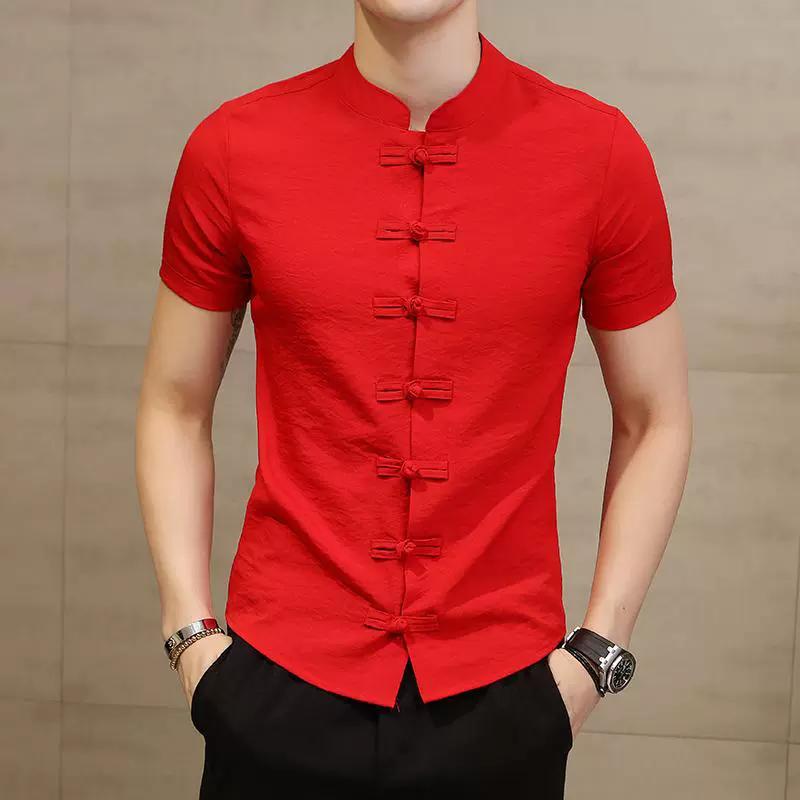 Summer Chinese Style Solid Color Shirt Men's Disc Buckle Stand-up Collar Thin Slim Short-sleeved Shirt Plus Size Men
