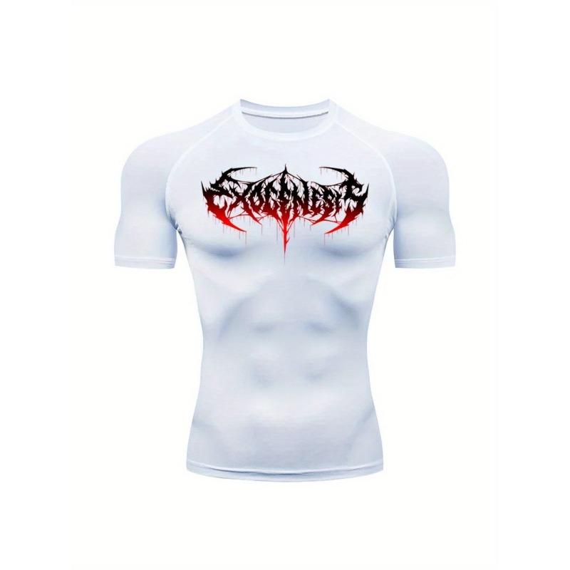 Men's Compression Shirt Quick Dry Black Gym T-Shirt Red Gradient Death Metal Drip Font Print Sportswear