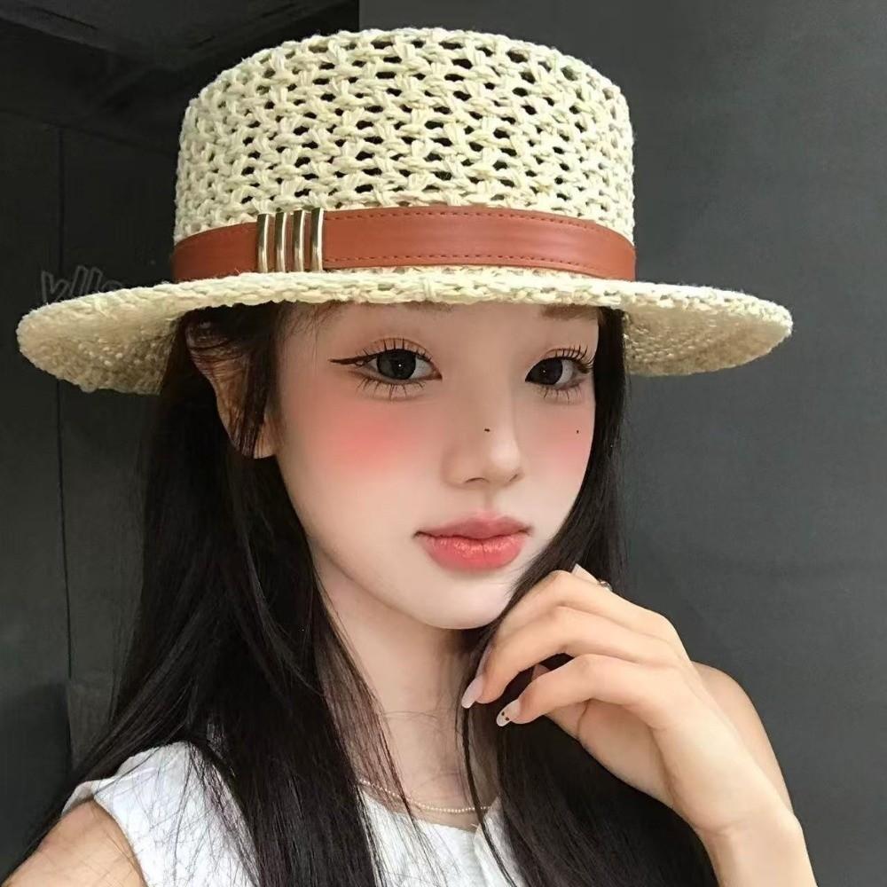 Wide Brim Sunshade Straw Hat Vintage Style Flat Top Straw Hat Mesh Woven Straw Hat  Beach Vacation