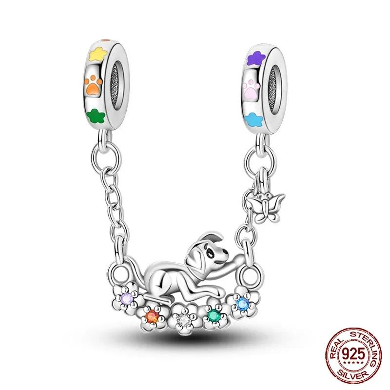 Colgantes de plata de ley S925 con forma de gato, perro, mariposa, flor y cadena de seguridad de color morado, aptos para pulseras originales DIY