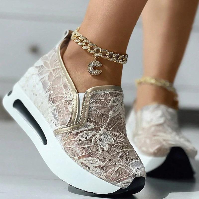Large size single shoes women's spring and autumn new lace sequined mesh casual cover foot slope heel inner heightening muffin bottom