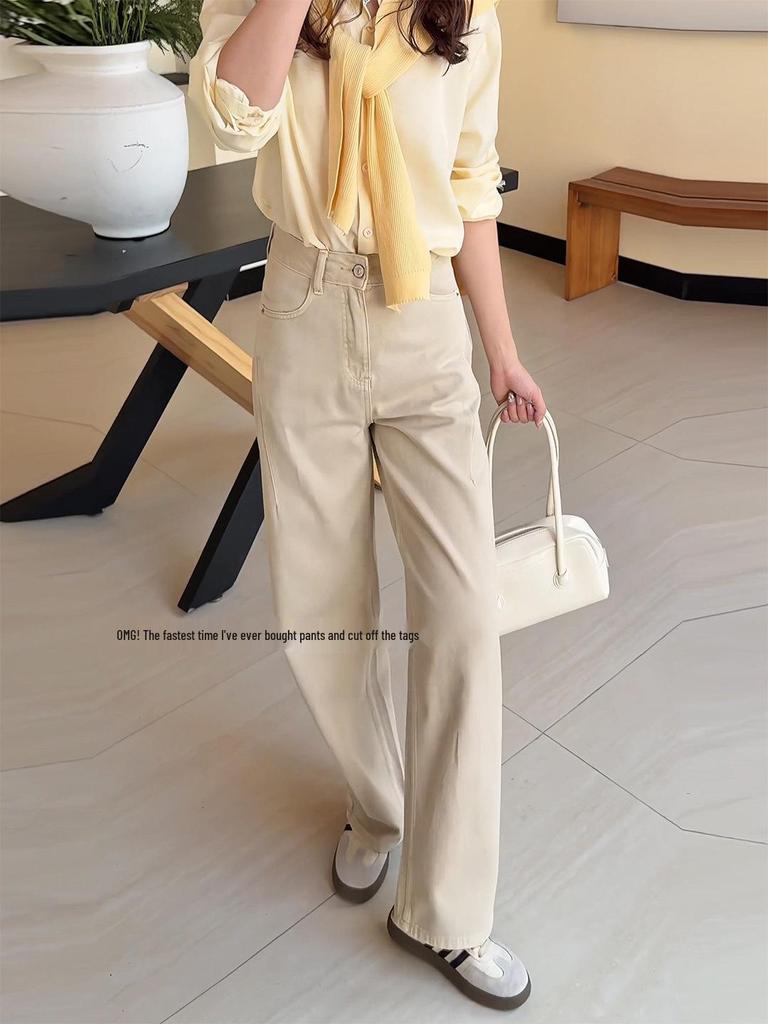 Milk Tea High-Waist Cargo Pants for Women - Spring/Autumn Versatile Slimming Wide-Leg Fashion