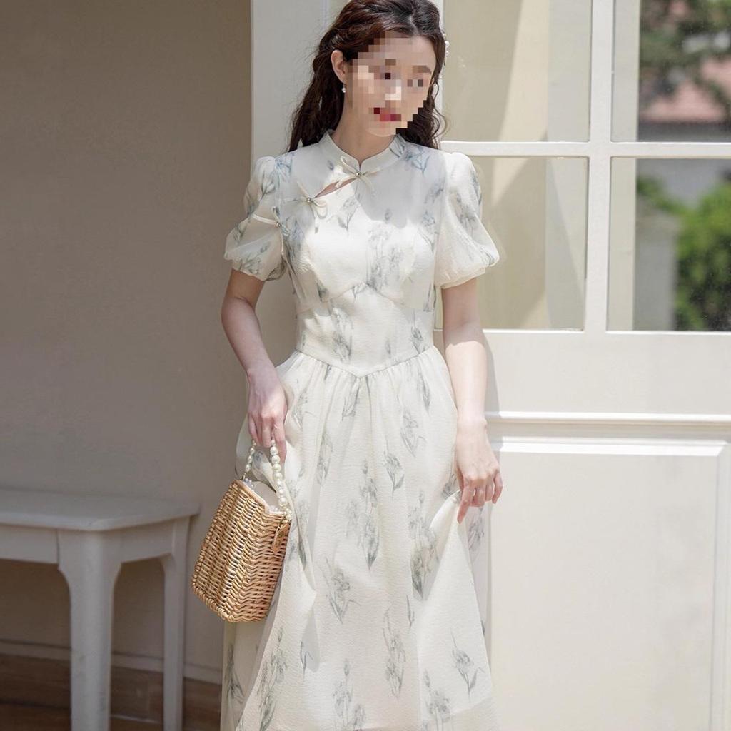 Women's Summer Qipao Dress: Chinese-Inspired Floral Print, Waist-Cinching, Puff Sleeves, Zipper, Mid-Length A-Line