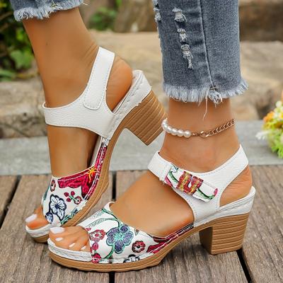 Versatile Summer High-Heel Sandals, Women's Fashion Floral Print Casual Style Shoes With Chunky Heel