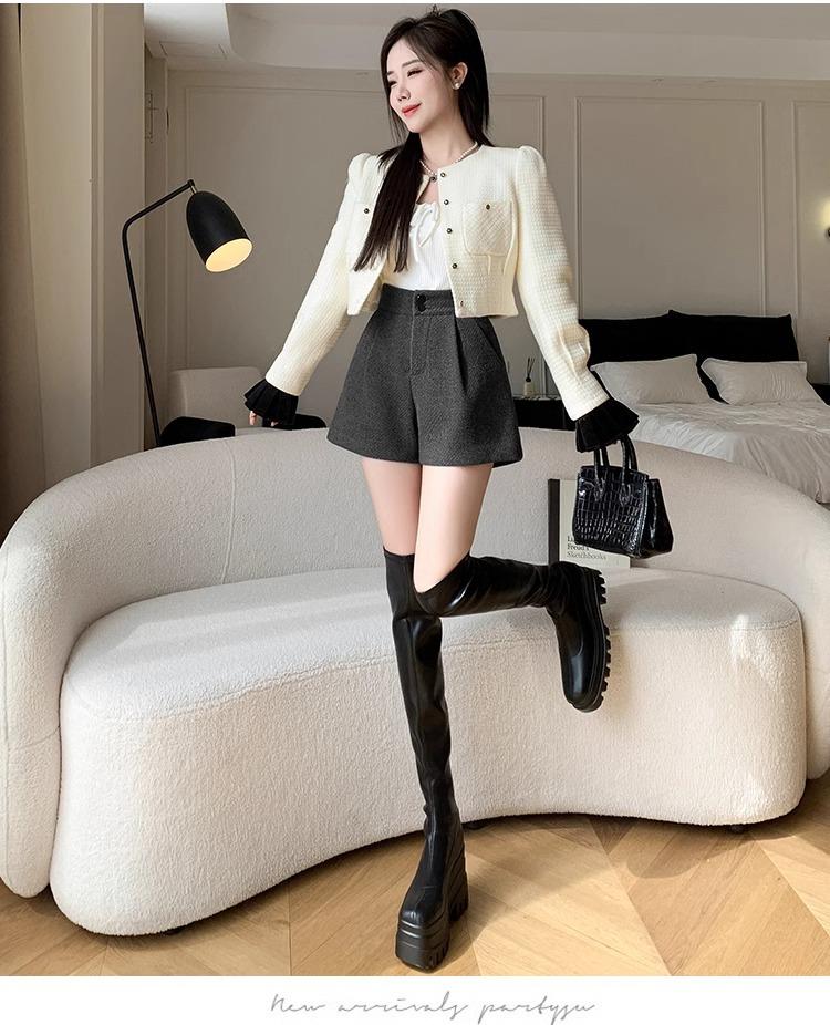 Dámské vlněné šortky s vysokým pasem ve střihu A - Korejský styl, volný střih, ideální na jaro/podzim