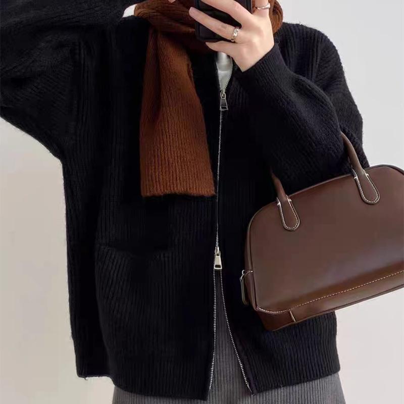 Retro Solid Color Lazy Wind Sense Pit Strip Double Zipper Knitted Cardigan Female Loose Soft Temperament Sweater Coat