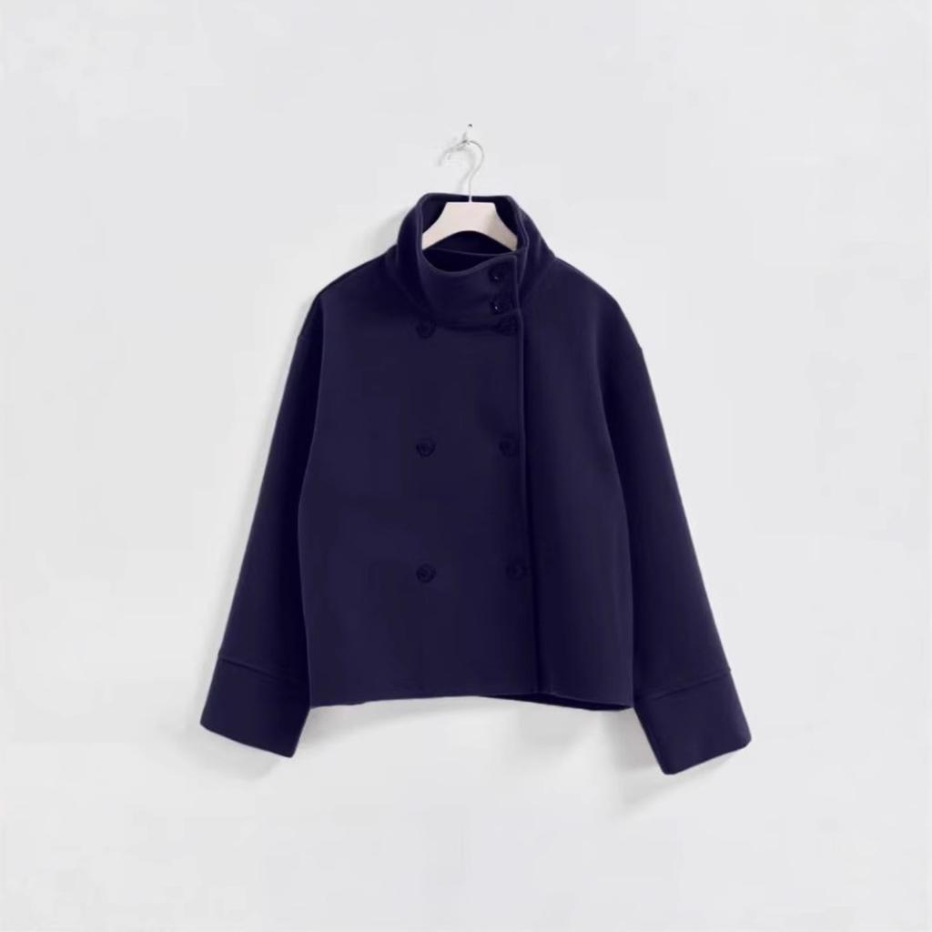 Damen Wollmantel mit Stehkragen, langen Ärmeln, lockerem Schnitt, lässige zweireihige Jacke mit Knopfleiste