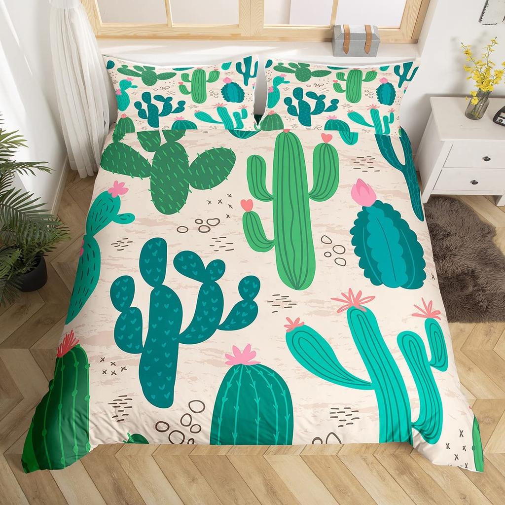 Tropical Botanical Bedding Set Bulbous Cactus Sketch Drawing Comforter Cover Cute Desert Plants Duvet Cover Flower Quilt Cover