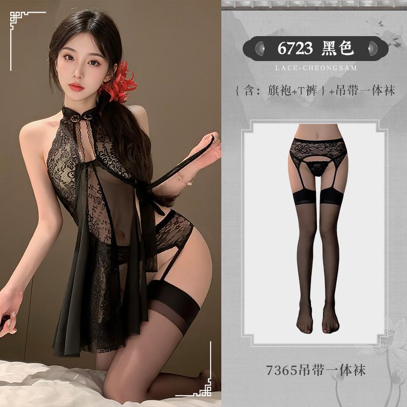 Sexy Lace New Chinese Style Cheongsam Nightdress Side See-through Slit Exposed Buttocks Dress Elegant Fashion Sexy Women P12Q