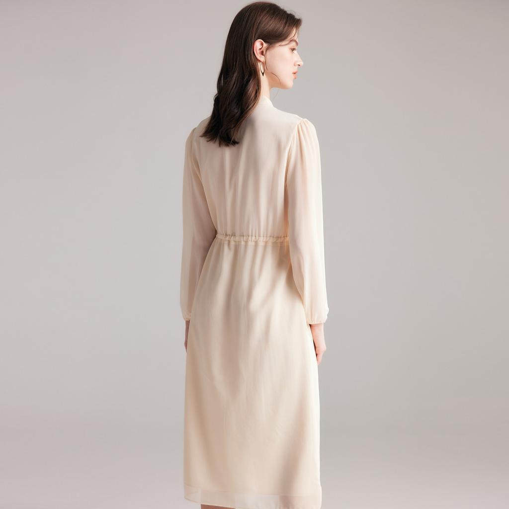 [100% Mulberry Silk] Xia Li collar tie waist slimming long-sleeved silk dress