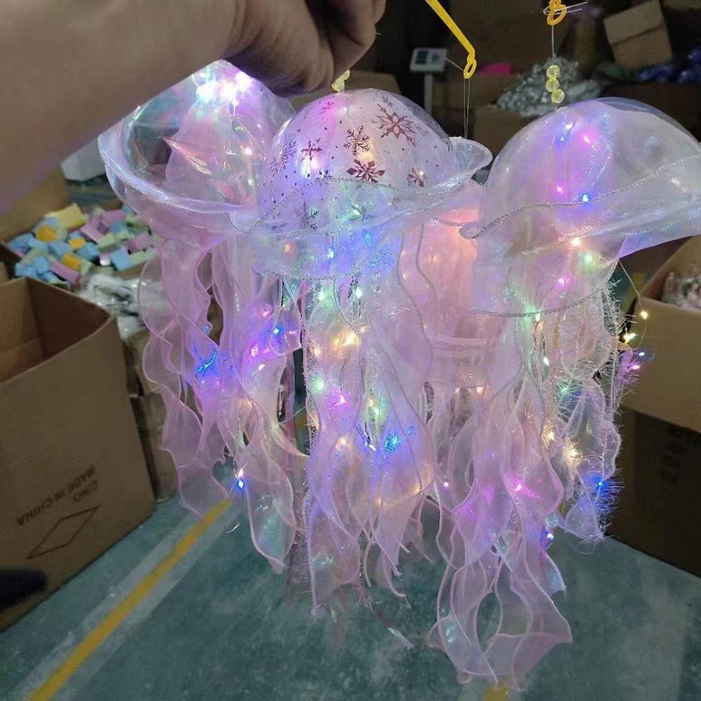 Jellyfish Colorful Nightlight Button Battery Hanging Ceiling Lantern Realistic with Ribbon&Bead for Children Bedroom