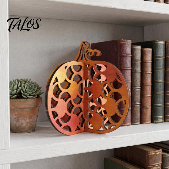 Thanksgiving Seasonal Tabletop Decor Wooden Pumpkin Decor, Vintage Striped Hollow Carved Ornament Halloween Tiered Tray Ornaments for Home Party,