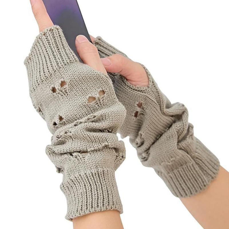 1Pair Fingerless Gloves Half-Finger Hollow Heart Soft Flexible Wool Warm Solid Color Knitted Cold-proof