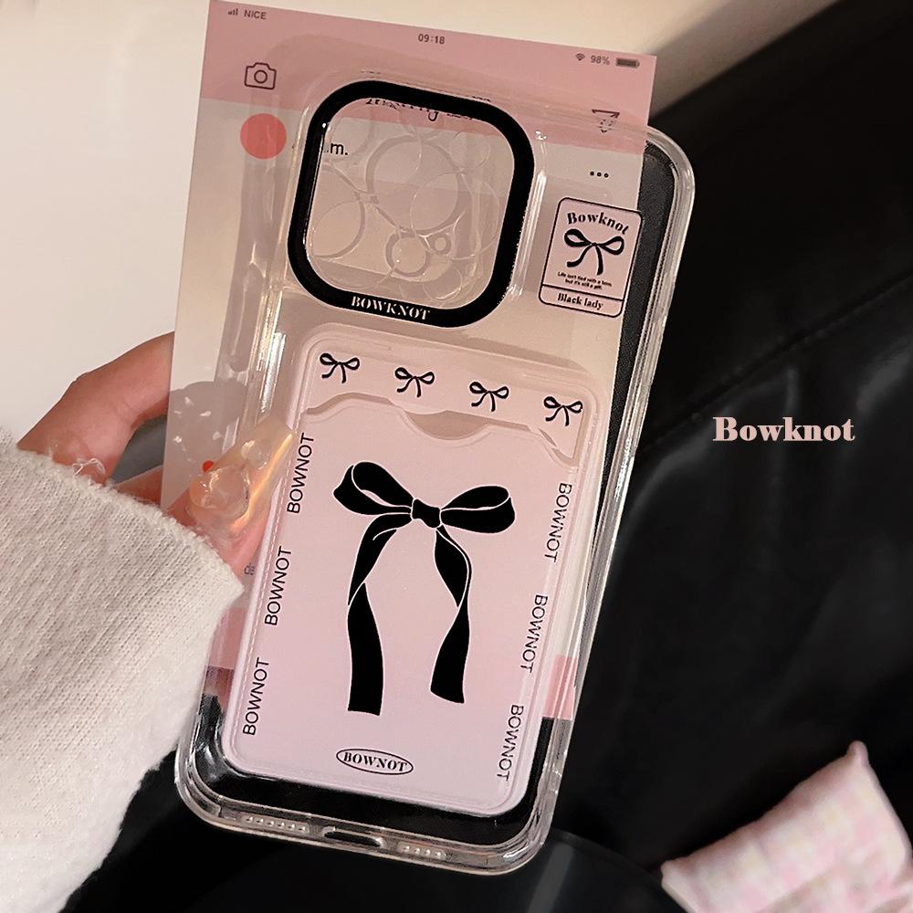 Korean Cute Bowknot Card Holder Phone Case For iPhone 17 16 15 14 13 12 11 Pro Max X XR 7 8 Plus SE Wallet Shockproof Soft Cover