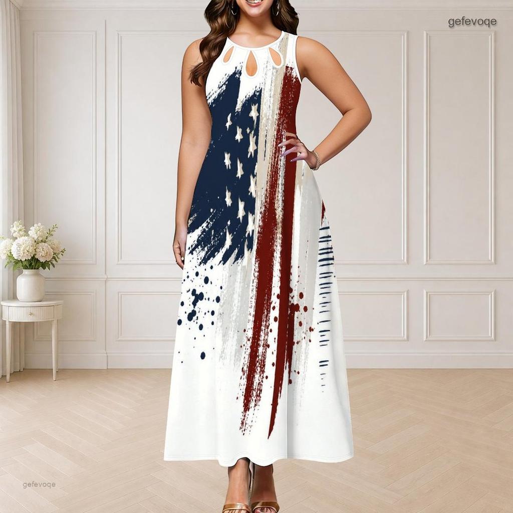 Women Plus Size Sleeveless Maxi Dress Round Neck Triple Keyhole Cutout Star Stripe Print Red Blue Off White