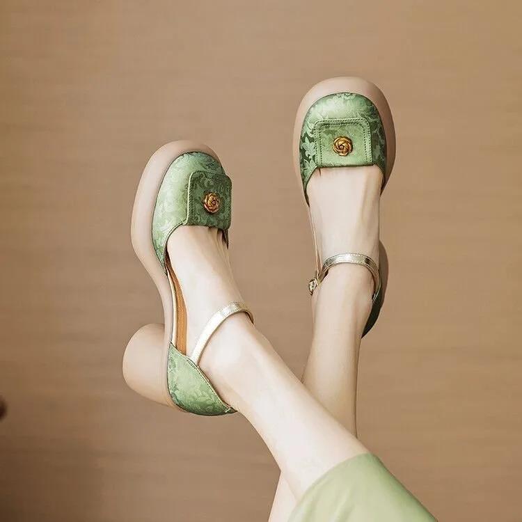 

Fashion New Chinese Style New Thick Soled Thick Heel Baotou Sandals Female Line with Female Sandal Fairy Wind High Heel Single Shoes 35 зелёный