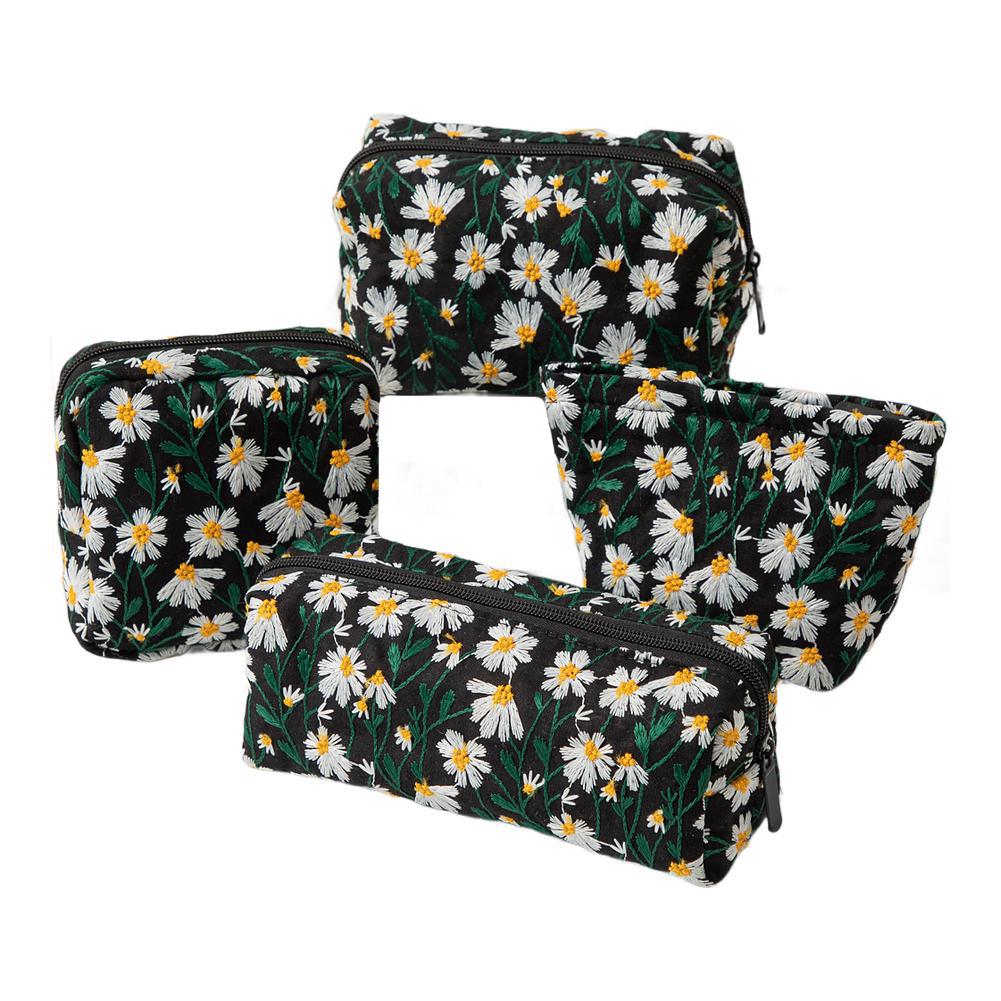 

For Skincare Essentials Daisy Embroidery Bag For Travel For Daily Use Stylish Storage Solution Charming Daisy Design чёрный
