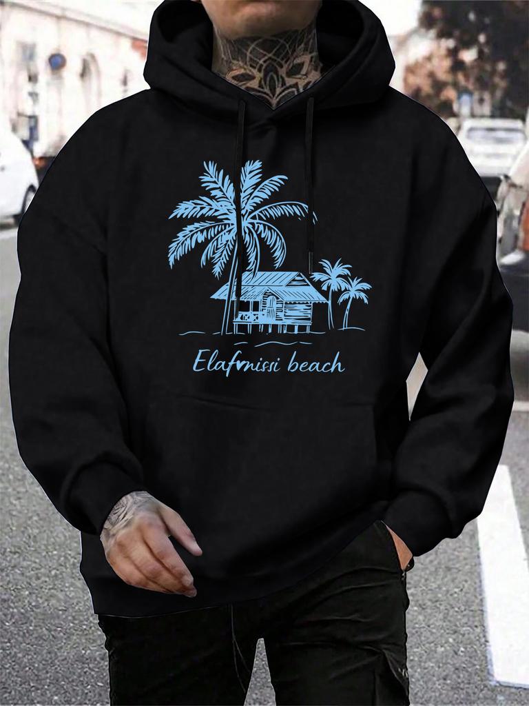 Beach Coconut Trees Creative Printed Men Hoodies Multicolor Loose Hoody Autumn Fleece Streetwear Pocket All-Match Unisex Tops
