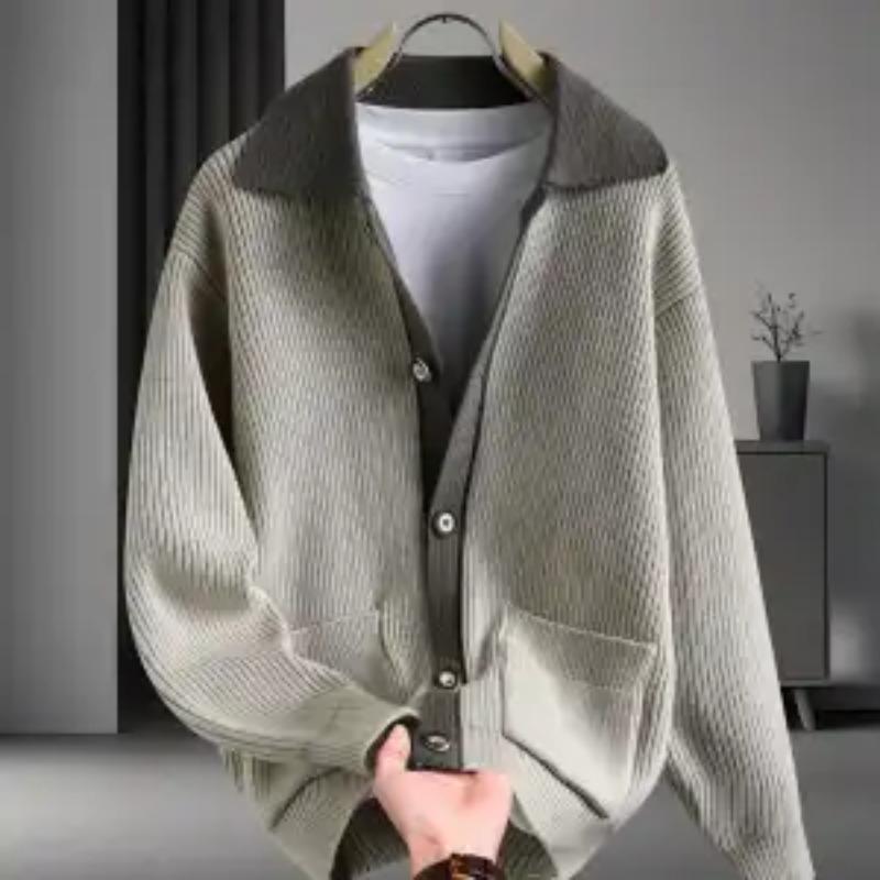 Fashion Contrasting Color Lapel Knitted Cardigan Coat Autumn Winter Handsome Sweater Jacket Men's