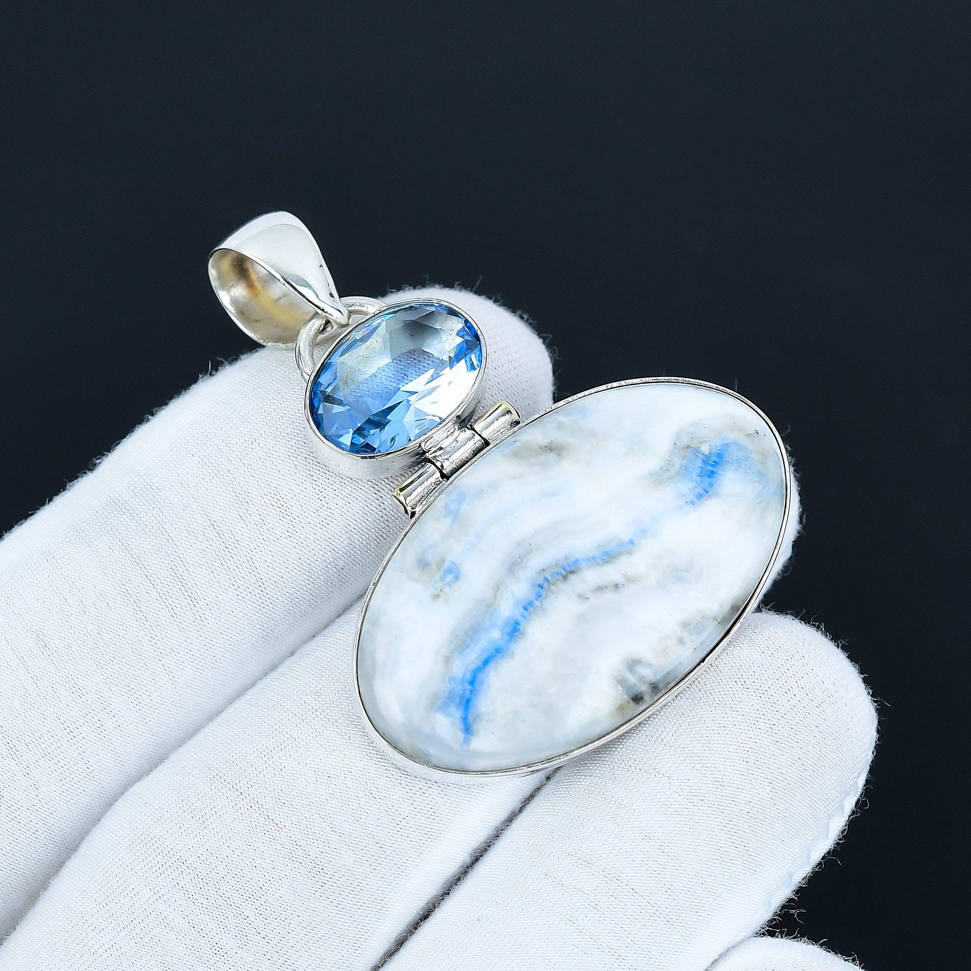 

Blue Scheelite & Swiss Blue Topaz Gemstone Pendant, 925 Sterling Silver Jewelry, Silver Pendant, Unique Gifts, Antique Pendant Gift For Love 6.5 Cm синий