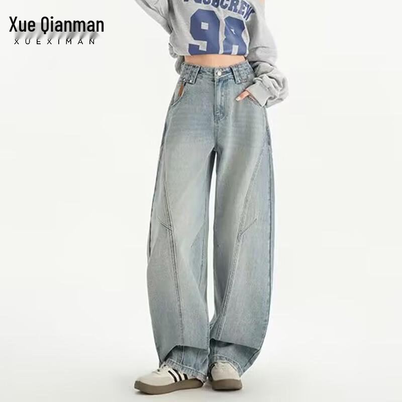 

Xue Qiman Women s Light Blue Vintage Wash Curved-Leg Jeans M
