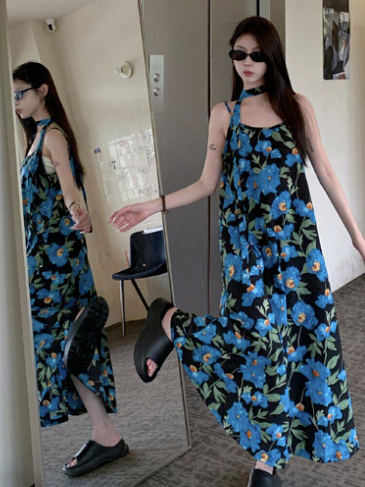 Seaside Resort French Blue Floral Spaghetti Strap Sleeveless Dress for Women, Summer 2026
