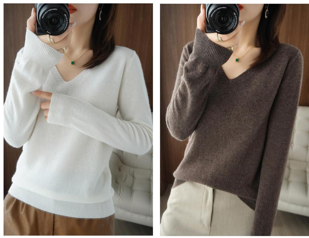 RAKUKOU Knit Long Sleeve Sweater for Solid Highly Easy to Mix and Simple Style Women's Top, Fall/Winter, V-Neck, Wool-Like Texture, Layering, Color,