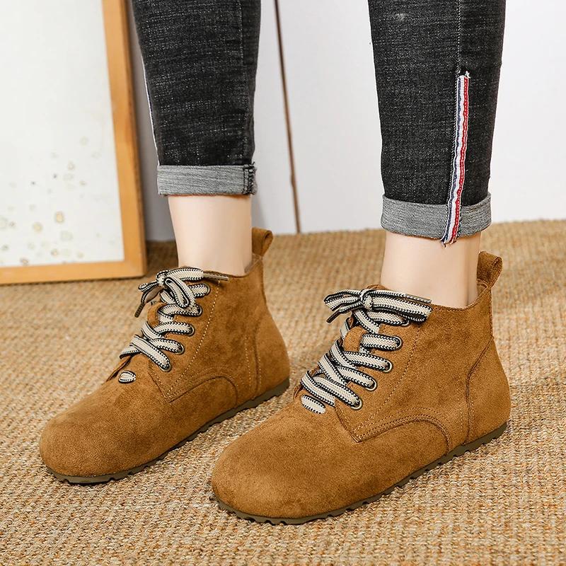 Fashion Flat Single Boots Women's Fashion Round Toe Suede Front Lace-Up Soft Sole Anti-Slip Wear-Resistant Short Shoes