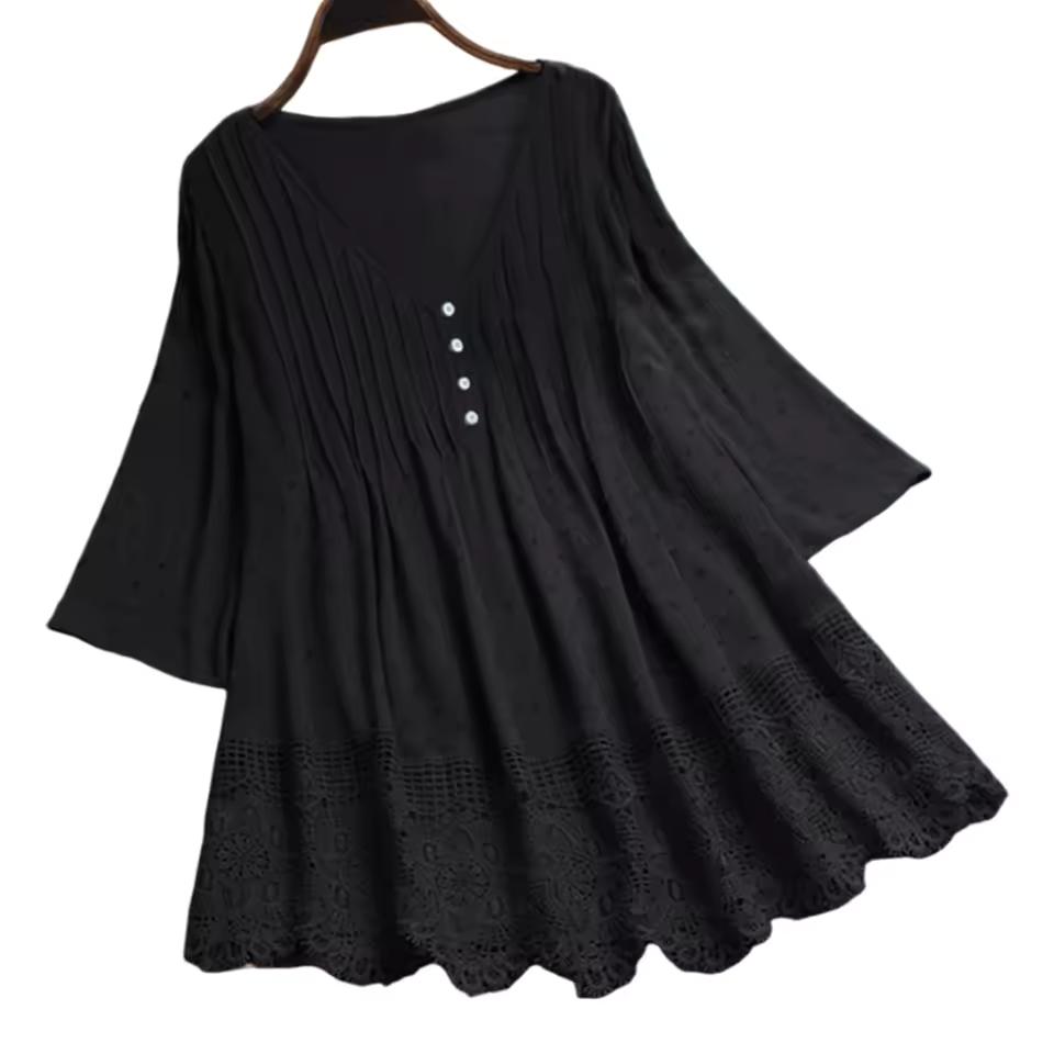Women's Cotton Linen Blouse Tops Fashion Lace Hollow Out V-neck Shirt Ladies Retro 3/4 Sleeve Loose Casual Tops Plus Size
