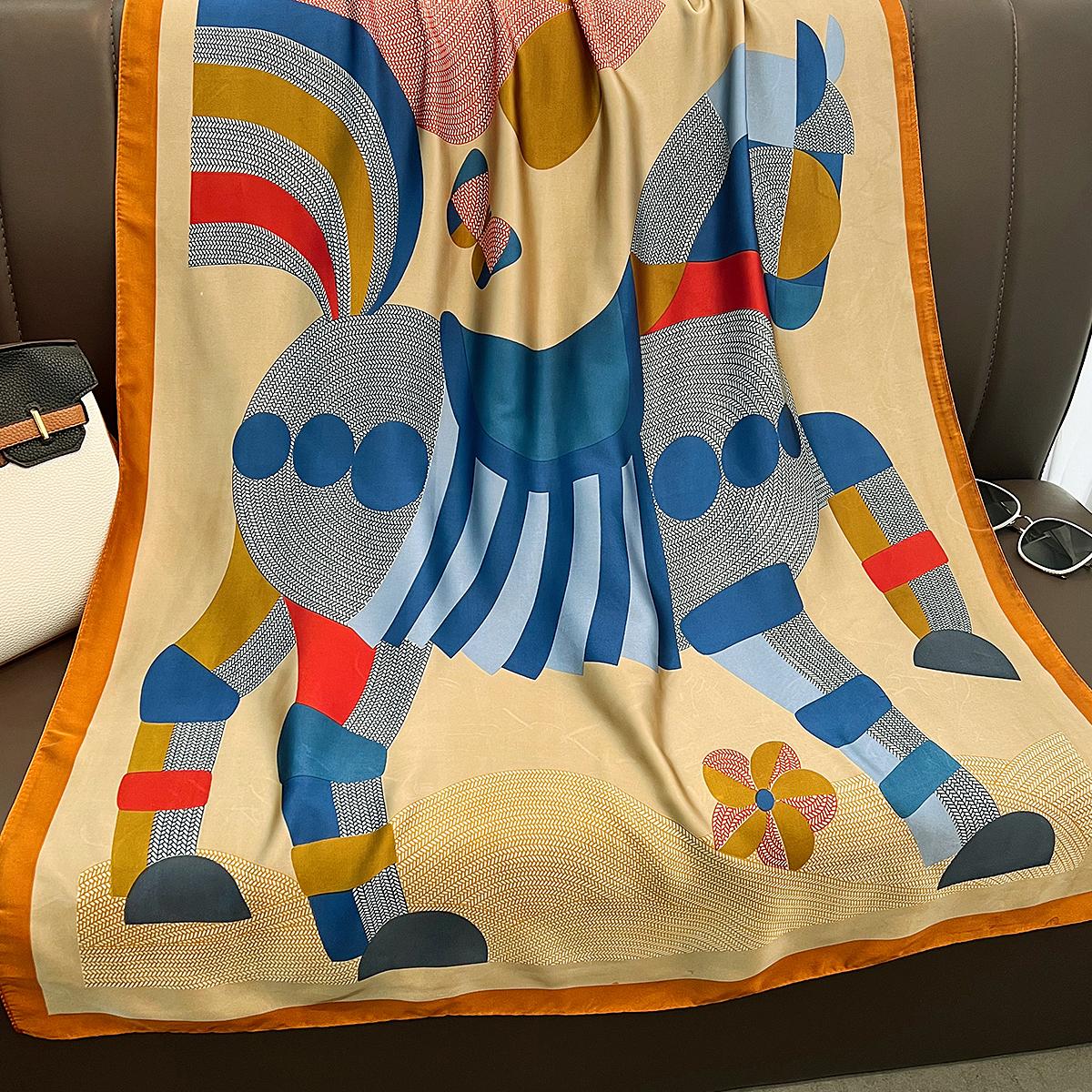 

New geometric color matching horse silk scarf women commute to work with shawl seaside sunscreen beach towel 180cm