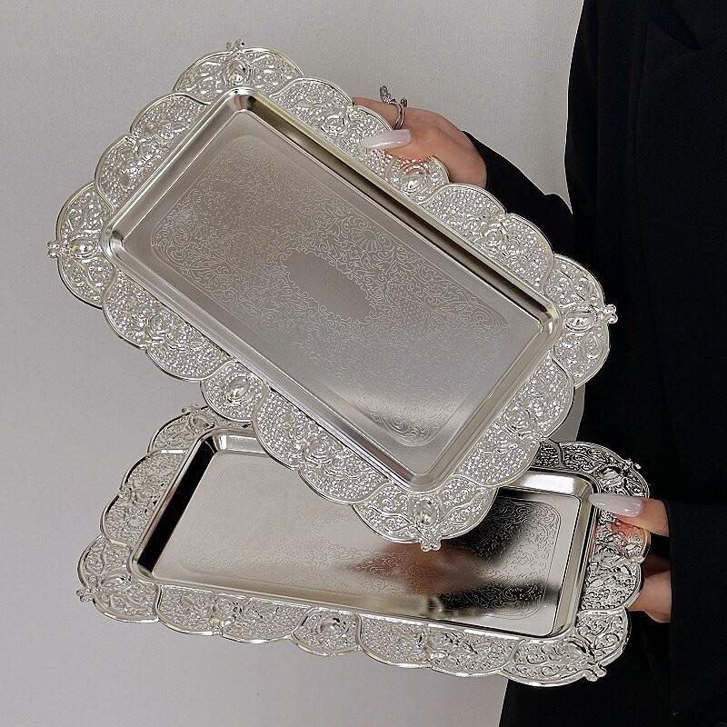 Metal European Retro Carved Silver Tray Cafe Bread Plate Cake Plate Silver Rectangular Dessert Plate